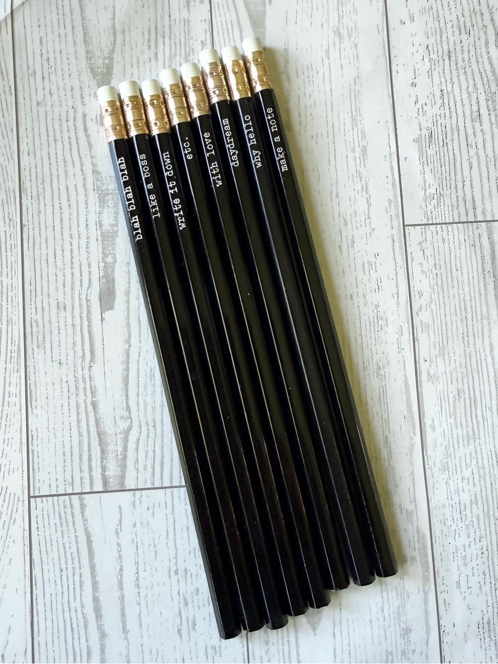 Set of 8 Cute Black Wooden Pencils with Cute Sayings and White Erasers New